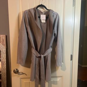 Sz L hem & thread jacket with belt and hood. NWT GRAYISH taupe color